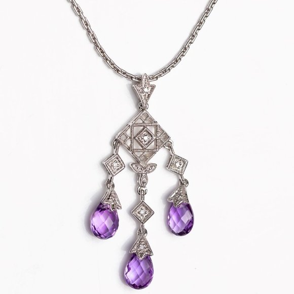 14K White Gold Amethyst Chandelier Necklace With Diamond Accents